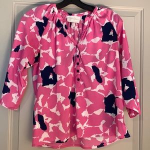 Pink white navy blouse with tie up sleeves XS